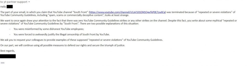 YouTube's Agressive Censorship Campaign Against SouthFront Continues