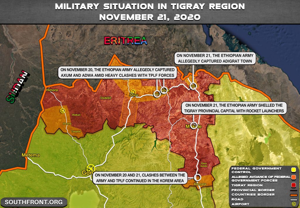 Ethiopian Military Develops Its Advance On Capital Of Tigray Province Amid Heavy Clashes With Local Forces (Map Update)